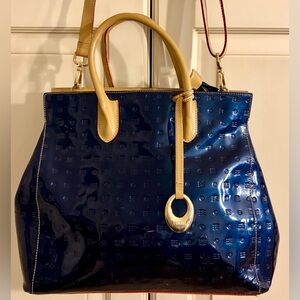 Arcadia Patent Leather Blue and Tan Tote. Large size.